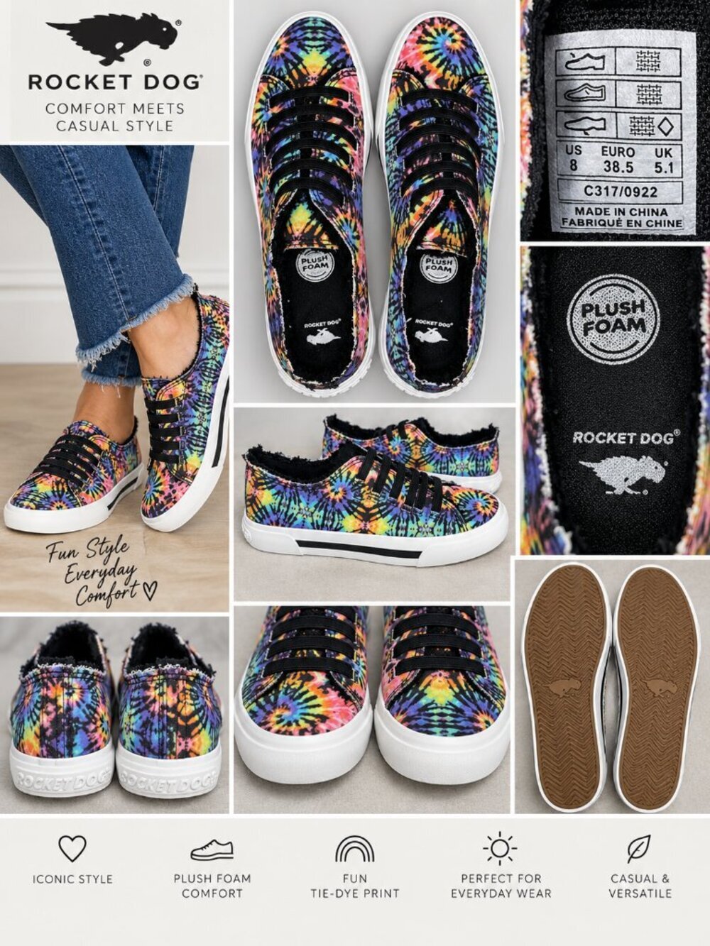 Rocket Dog Women’s 8 Tie Dye Slip On Sneakers Plush Foam Rainbow Canvas